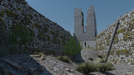 Le château de Montségur au début du XXe siècle. Hyptohèse 3D proposée par Tristan Bergerot.